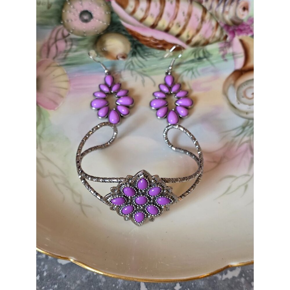 Native American-Style Silver & Purple Cuff Bracelet‎ & Earrings Set New